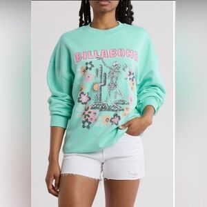 Billabong Boyfriends Back Mint and Pink Graphic Sweatshirt Skeleton 💀 NWT S M